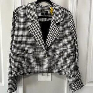 T Tahari Cropped Houndstooth Jacket Blazer Black White Career Office Sz L